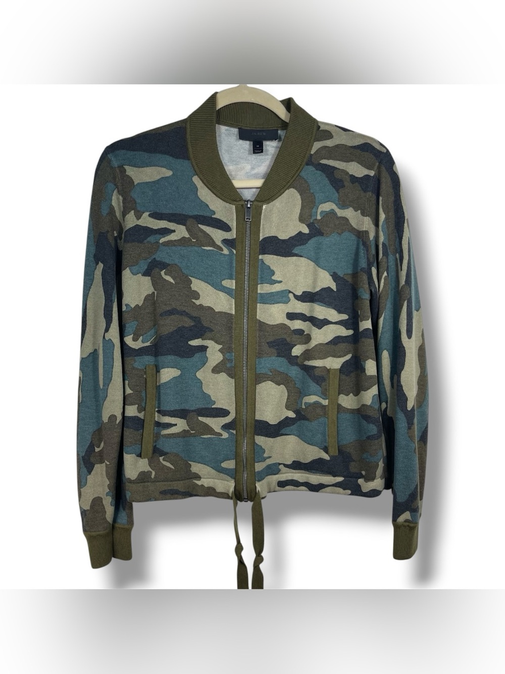 J.Crew Womens Camo Knit Bomber Sweater Jacket Wool Blend Preppy Utility, M